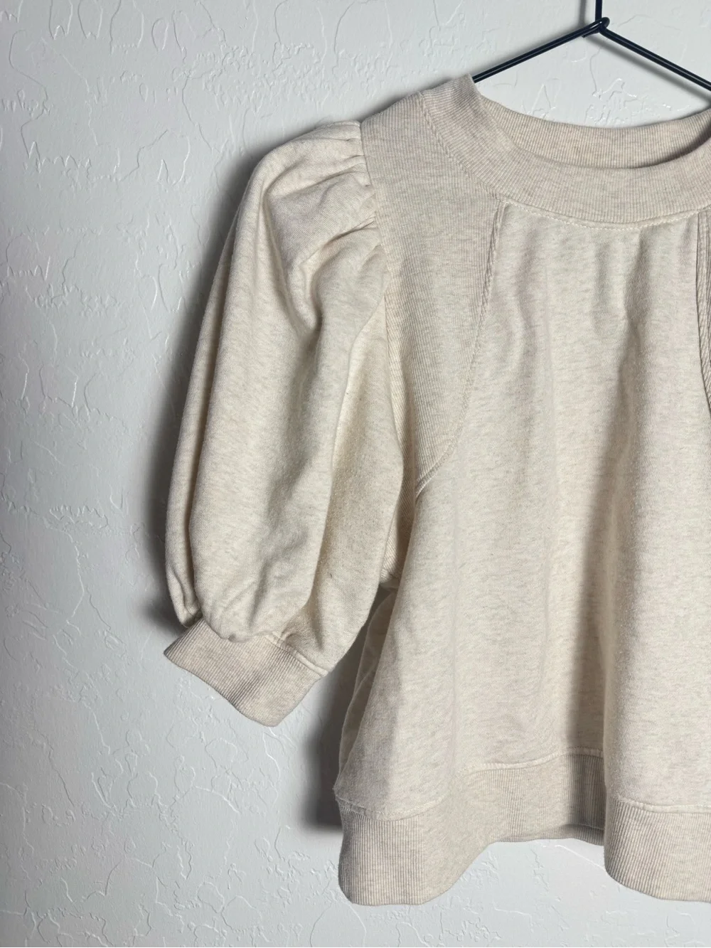 Maeve Anthropologie Short Sleeve Puff Sweatshirt Beige Crewneck